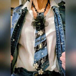 Embellished Blue & Black Women's Decorative Tie with Floral Accent